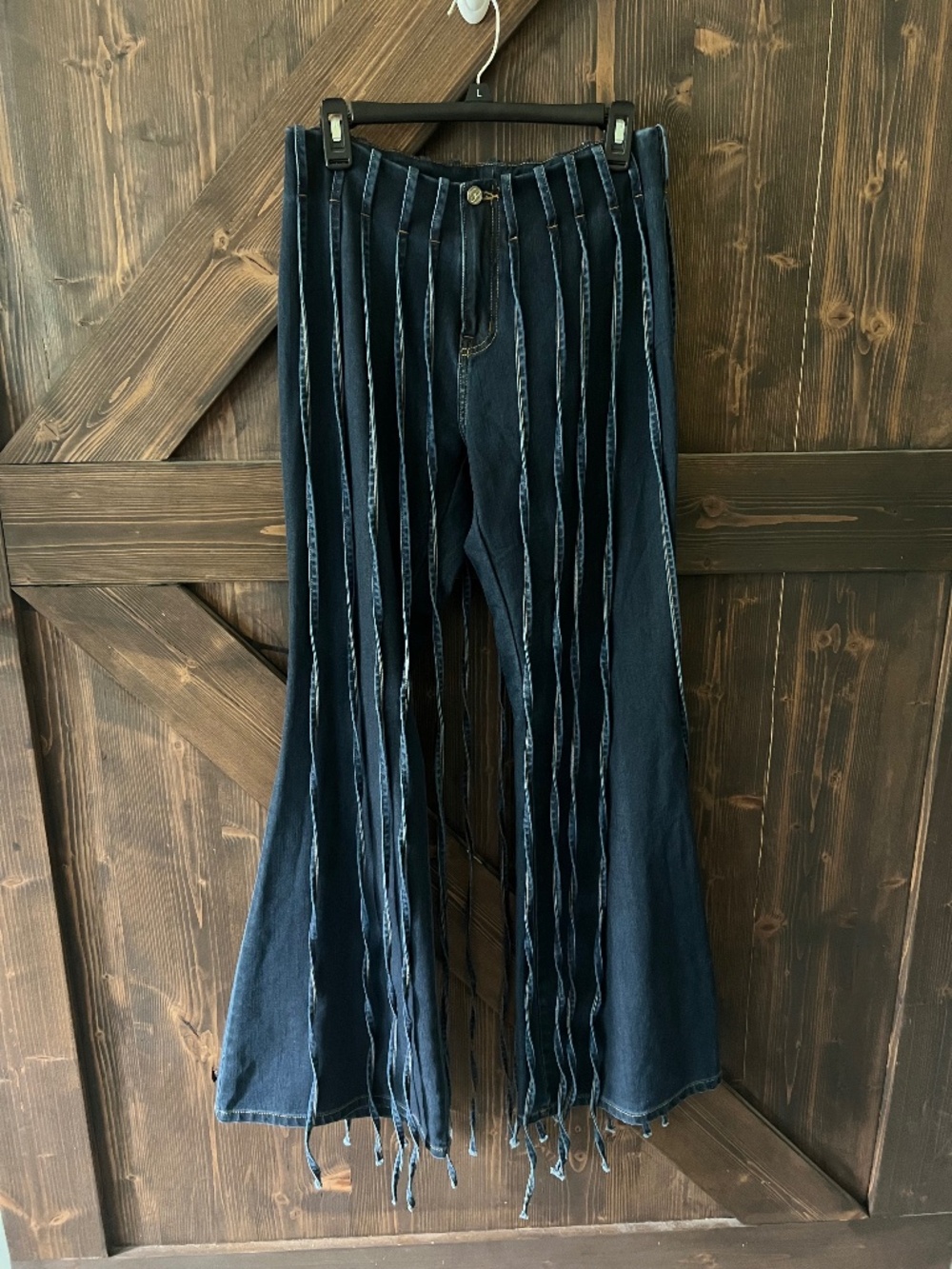 Y2K Dark Wash Fringe Flare Jeans | Boho Festival Denim | Size L